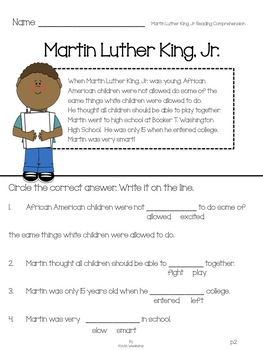 Martin Luther King, Jr. Reading Comprehension by Kayla ...
