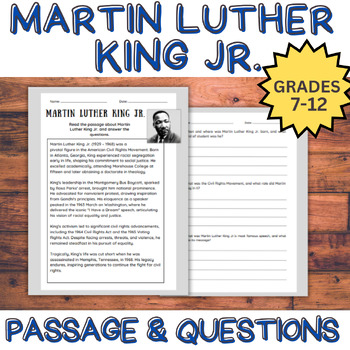 Preview of Martin Luther King Jr. Biography Comprehension Passage & Questions | Grades 7-12