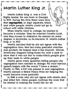 Martin Luther King Jr. Reading Comprehension Passage & Questions ...