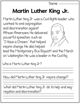 Martin Luther King Jr Reading Comprehension Passage and Activities