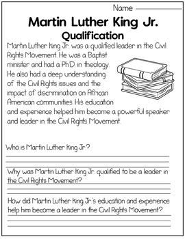 Martin Luther King Jr Reading Comprehension Passage and Activities