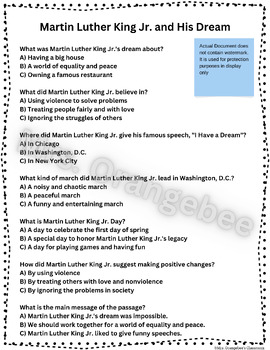 Martin Luther King Jr. Reading Comprehension and Coloring Worksheet