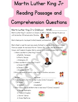 Preview of Martin Luther King Jr Reading Passage and Comprehension Questions