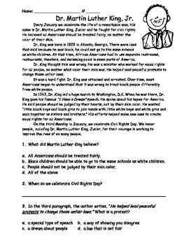 Martin Luther King Jr. Reading Passage and Comprehension for Primary Grades