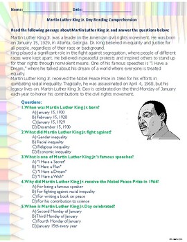 Preview of Martin Luther King Jr Reading Worksheet