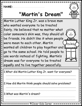 Martin Luther King Jr Social Studies Reading Comprehension Passages K-2 ...