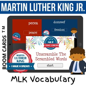 Preview of Black History Month MARTIN LUTHER KING Jr Vocabulary Unscramble Game BOOM CARDS