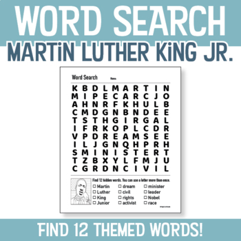 Preview of Martin Luther King Jr. Word Search - Find 12 words - Print & Go!