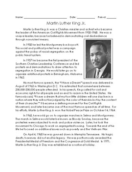 Preview of Martin Luther King Jr. Worksheet