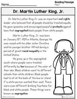 Martin Luther King Jr. Reading Passage & Activity Packet by Bite-Size