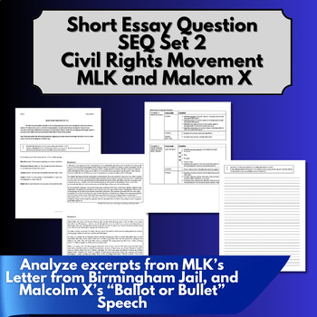Preview of Civil Rights Martin Luther King Jr., Malcom X Short Essay Question (SEQ) Set 2