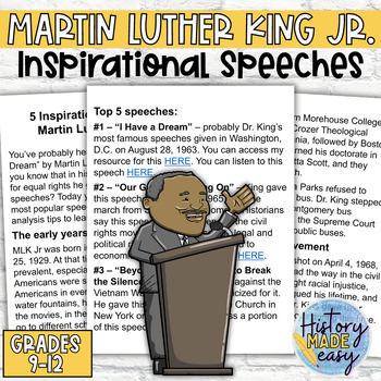 Preview of Martin Luther King MLK Top Inspirational Speeches Analysis Worksheet Civil Right