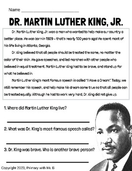 Martin Luther King Primary Reading Comprehension - MLK Literacy Activity