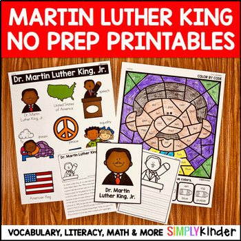 Preview of Martin Luther King Jr Printables for Kindergarten, Color By Code, Vocabulary