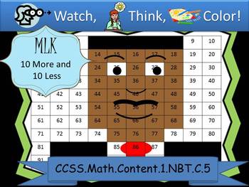Preview of Martin Luther King Ten More/Ten Less - Watch, Think, Color Game! CCSS.1.NBT.C.5
