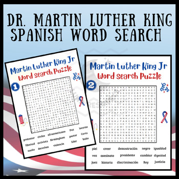 Preview of Martin Luther King word search SPANISH sight word problem crossword activities