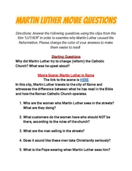 Preview of Martin Luther Movie Questions