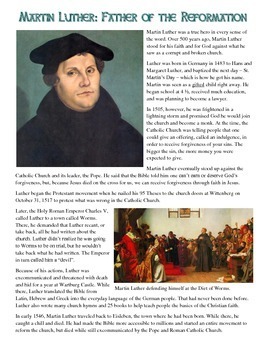 Preview of Martin Luther Reading and Common Core Worksheet