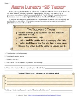 Preview of Martin Luther, the Reformation, and Create Your Own 95 Theses Worksheet
