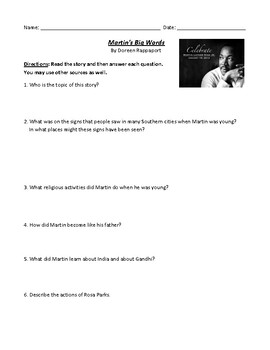Preview of Martin's Big Words: Worksheet, Test, or Homework Assignment with Answer Key