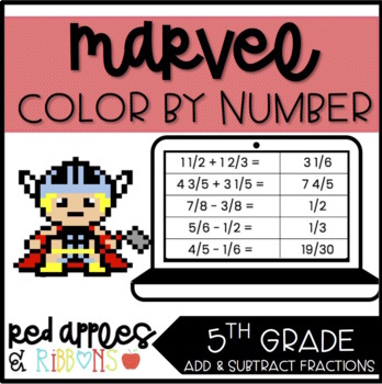 Preview of Marvel Digital Color by Number - Add and Subtract Fractions