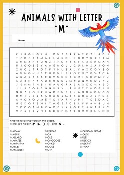 Preview of Marvelous Menagerie: Animals with the Letter M Word Search Puzzle