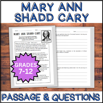 Preview of Mary Ann Shadd Cary Reading Comprehension Passage & Questions | Grades 7-12