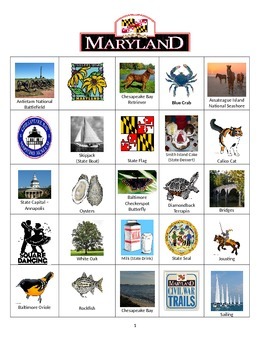 Preview of Maryland Bingo:  State Symbols and Popular Sites