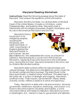 Preview of Maryland State Profile & History Reading Worksheet w/Answer Key **Editable**