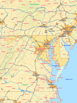 Preview of Maryland map with cities township counties rivers roads labeled