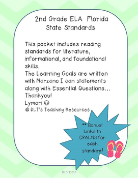 Preview of ELA- Marzano "I can" Statements and Essential Questions- 2nd grade Fl- Chevron
