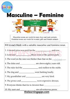 Masculine and Feminine Gender Printable Worksheets by The Learning Apps