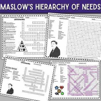 Preview of Maslow's Hierarchy of Needs Fun Puzzles , Word Search And Crosswords