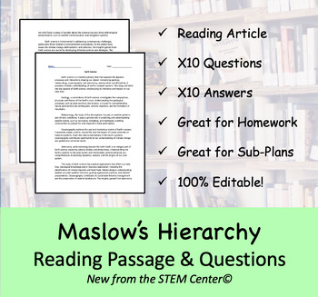 Preview of Maslow's Hierarchy of Needs - Reading Passage and x 10 Questions (EDITABLE)