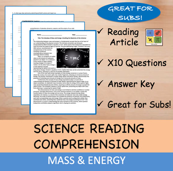 Preview of Mass & Energy - Reading Passage and x 10 Questions (EDITABLE)