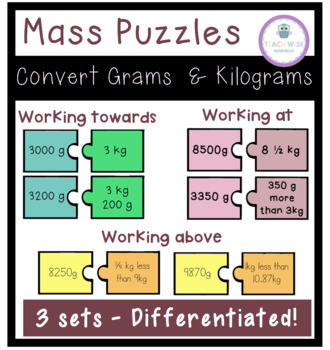 Mass Puzzles Convert between Grams Kilograms 3 sets Differentiated