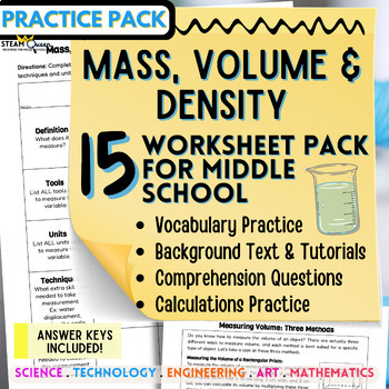 Preview of Mass Volume & Density: 15 Worksheets Answer Keys Test Prep Middle School Science