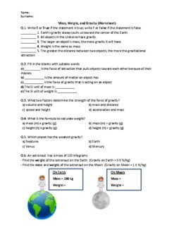 Preview of Mass, Weight, and Gravity - Worksheet | Easel Activity & Printable PDF