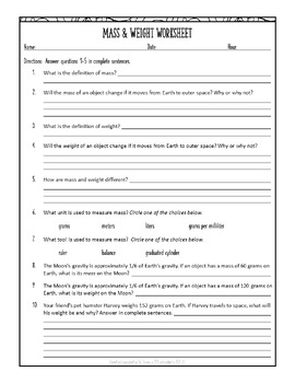 Mass and Weight Worksheet: A Science Measurement Resource ...