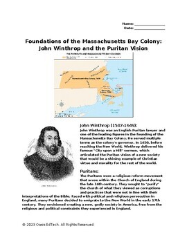 Preview of Massachusetts Bay Colony: John Winthrop and the Puritan Vision Worksheet