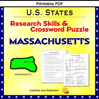 Preview of Massachusetts - Research Skills & Crossword Puzzle- US States Geography Activity