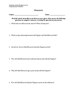 Preview of Massasoit Article (Reading Level 2) Comprehension Worksheet