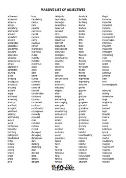 Massive List Of Adjectives By Lawless Learning Tpt