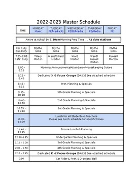 Preview of Master Schedule Sample for an elementary school (editable&fillable resource)