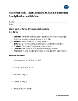 Preview of Mastering Multi-Digit Decimals: Addition, Subtraction, Multiplication, and Divis