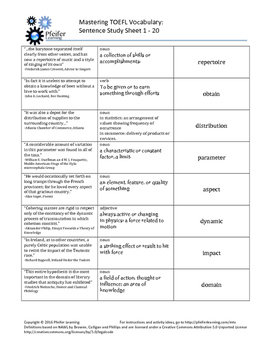 Mastering TOEFL Vocabulary: Sentence Study Sheets 1 - 20 by Pfeifer ...