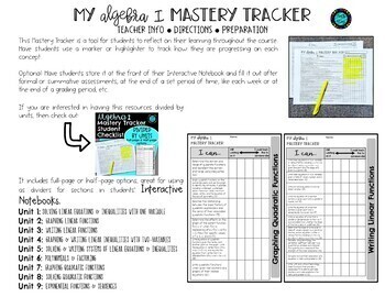 Mastery Tracker Algebra I Student Checklist I Can Statement PAPER ...