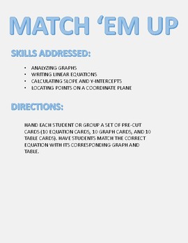 Preview of Match 'Em Up: Linear Equation, Table, and Graph Matching Activity