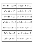 Matching Activity: Quadratic Equations--identifying a, b & c
