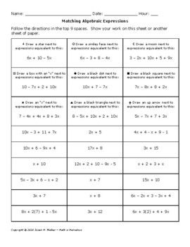 matching algebraic expressions by simplifying combining like terms worksheet
